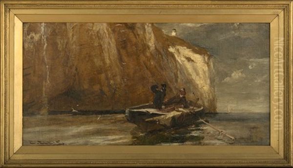 Fisher Folk In A Beached Boat Near A Cliff Oil Painting by Edwin Ellis