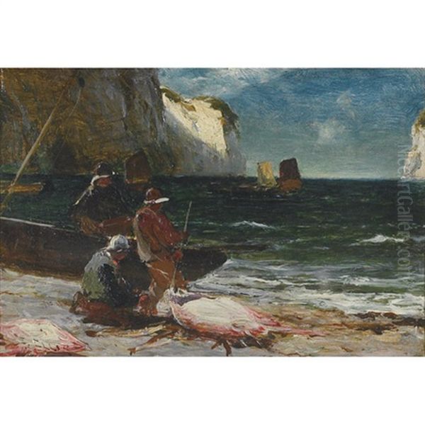 Landing Fish - Hauling From North Landing Flamborough (+ Robin Hood's Bay, Yorkshire; 2 Works) Oil Painting by Edwin Ellis