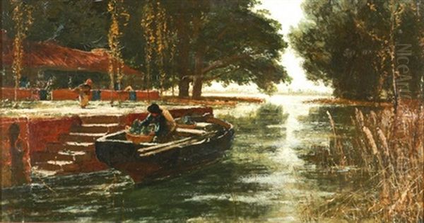 Steg Am Fluss Mit Boot Und Marktfrauen Oil Painting by Edwin Ellis
