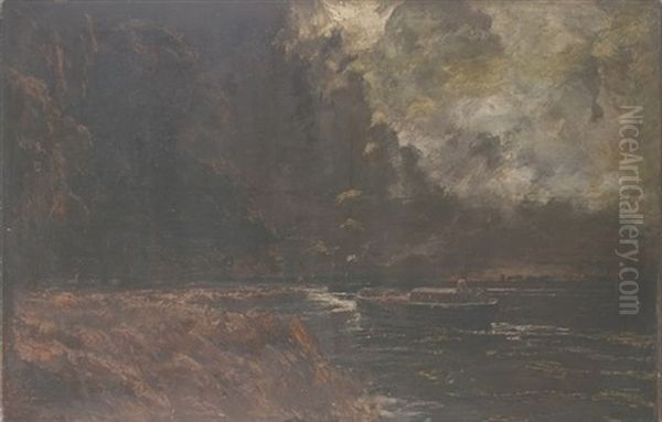 Boats Along The Coast- Nocturnal Oil Painting by Edwin Ellis