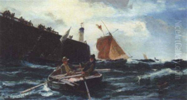 Fisherman Making For Shore In A Dingy Oil Painting by Edwin Ellis