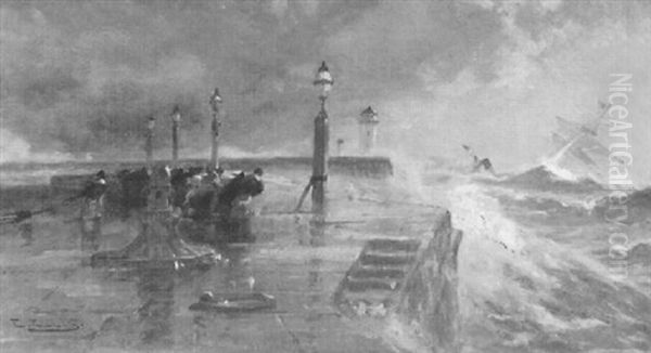 Seesturm An Der Mole Oil Painting by Edwin Ellis