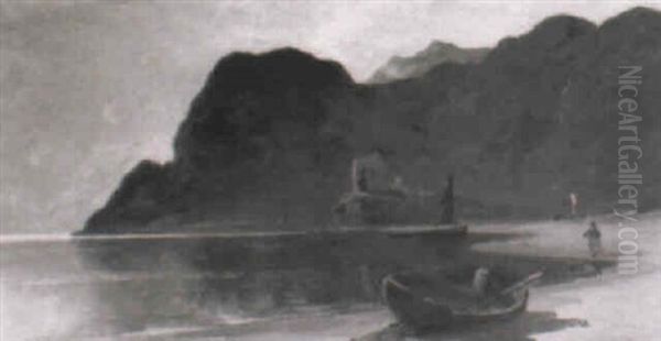 A Fishing Boat Beached In A Sandy Bay Oil Painting by Edwin Ellis