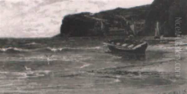A Rowing Boat On A Beach With A Harbour Beyond Oil Painting by Edwin Ellis