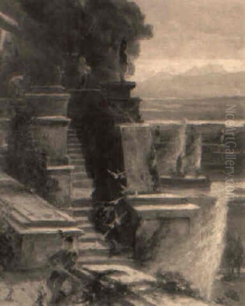 A Minstrel In A Terraced Garden Oil Painting by Edwin Ellis