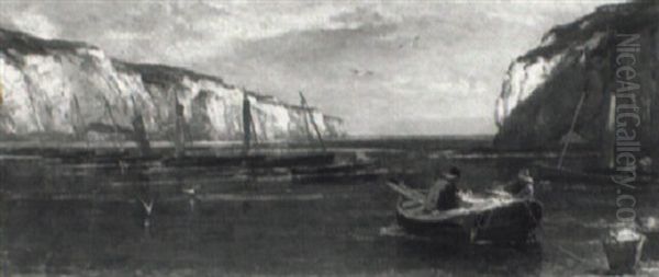 Fishermen Unloading Their Catch In A Sheltered Cove Oil Painting by Edwin Ellis