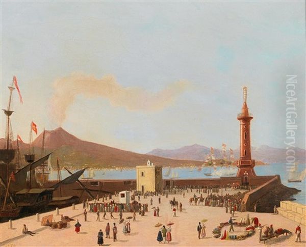 Naples,  The Pier With The Lantern,  Vesuvius In The Background Oil Painting by Joseph Francis Ellis