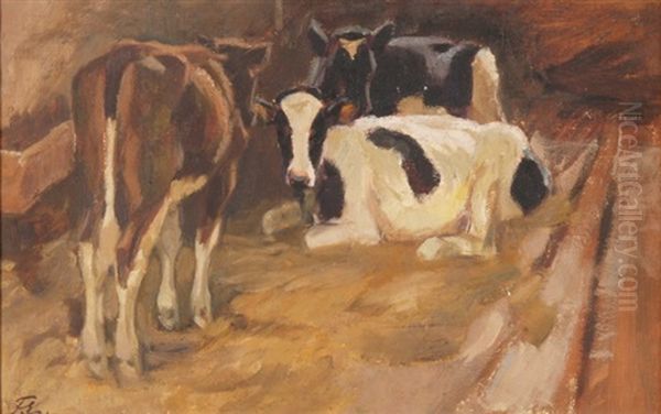 Kuhe Im Stall Oil Painting by Franz Jakob Elmiger