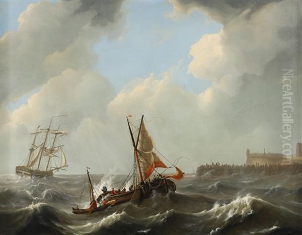 Segelschiffe An Sturmischer Kuste Oil Painting by Govert Van Emmerik
