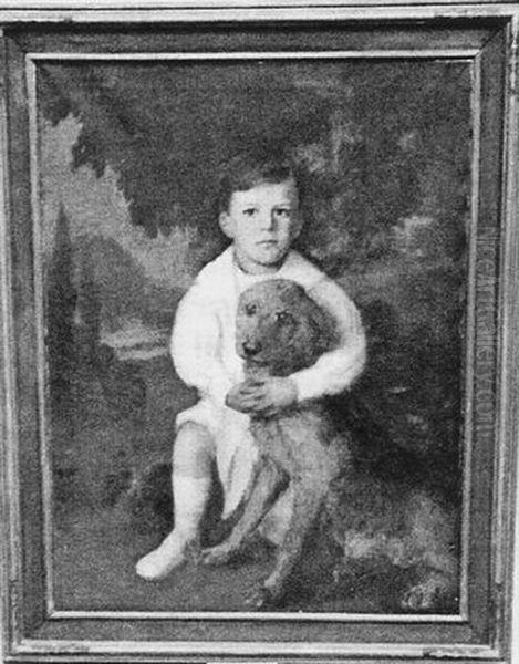 Portrait Of A Young Boy Depicted In A Landscape With White Suit And Airedale Oil Painting by Lydia Field Emmet