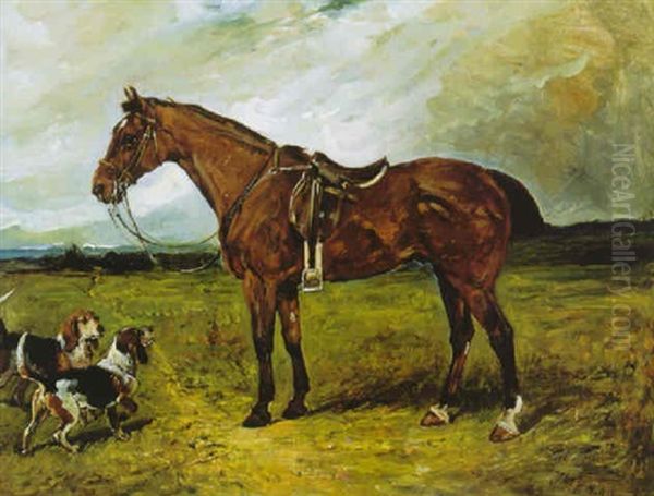 Horse And Two Hounds In A Landscape Oil Painting by John Emms