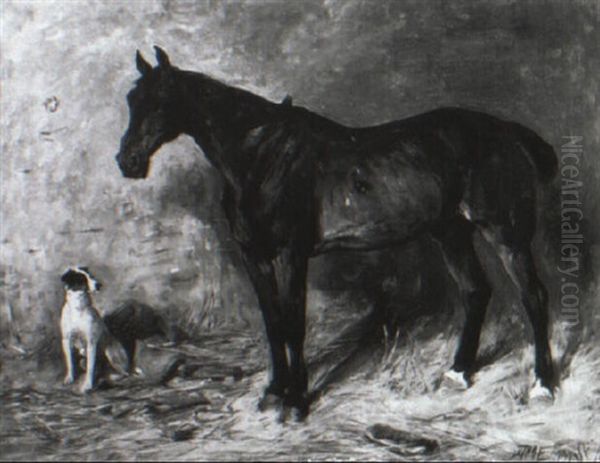 Bay Horse And A Terrier In A Stall Oil Painting by John Emms