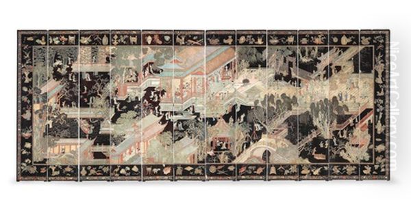A Magnificent And Rare Twelve-leaf Double-sided 'coromandel' Lacquer Screen Oil Painting by Kangxi