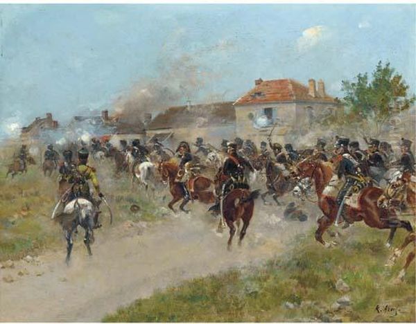A French Cavalry Charge Oil Painting by Raoul Arus
