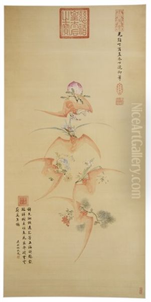 Bats, Peaches, Flowers And Lingzhi Oil Painting by Empress Cixi Manchu-Chinese