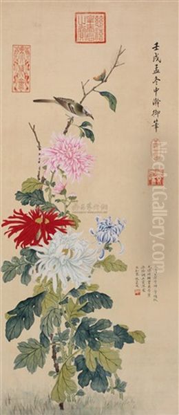 Bird And Flowers Oil Painting by Empress Cixi Manchu-Chinese