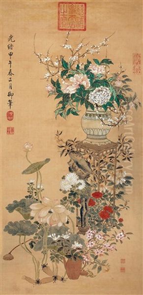 Flowers Oil Painting by Empress Cixi Manchu-Chinese