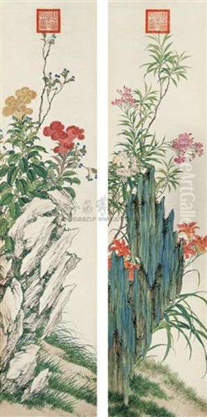 Flowers (2 Works) Oil Painting by Empress Cixi Manchu-Chinese