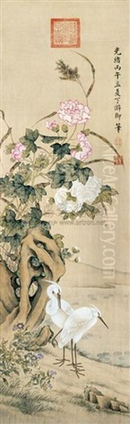 White Cormorants And Hibiscus Oil Painting by Empress Cixi Manchu-Chinese