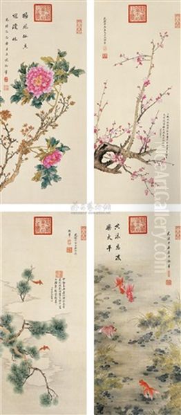 Flower And Birds (4 Works) Oil Painting by Empress Cixi Manchu-Chinese