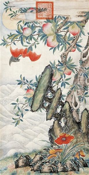 Bats And Peaches Of Immortality Oil Painting by Empress Cixi Manchu-Chinese