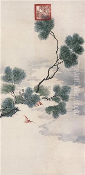 Bat And Pine Oil Painting by Empress Cixi Manchu-Chinese