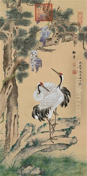 Pine Tree And The Crane Oil Painting by Empress Cixi Manchu-Chinese