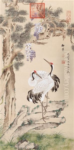 Pine Trees And The Crane Oil Painting by Empress Cixi Manchu-Chinese