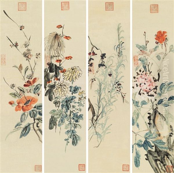 Flowers (+ 3 Others; 4 Works) Oil Painting by Empress Cixi Manchu-Chinese