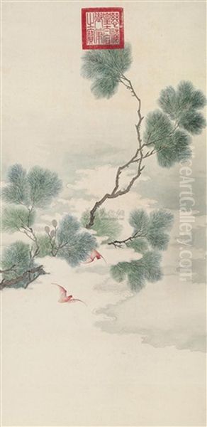 Bats And Pine Oil Painting by Empress Cixi Manchu-Chinese