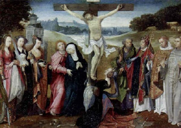 The Crucifixion With Saints Peter, Gregory, Lawrence And Francis Of Assisi And The Madonna Supported By Saint John The Evangelist And Other Saints Oil Painting by Cornelius Engebrechtsz