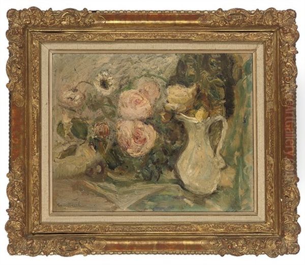 Roses In A White Jug Oil Painting by Florence Engelbach