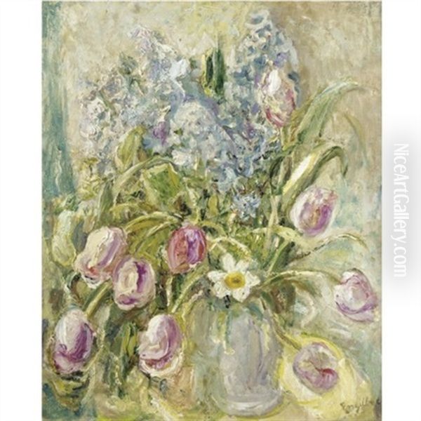 Still Life Of Tulips And Hyacinth Oil Painting by Florence Engelbach