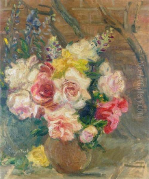 Roses And Lupins Oil Painting by Florence Engelbach