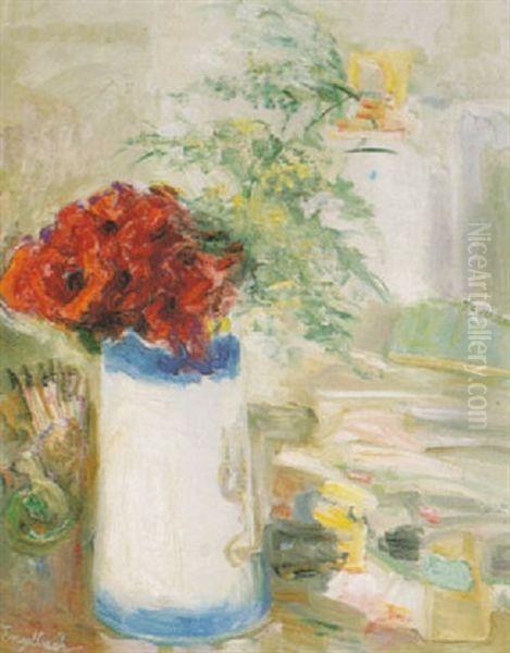 Still Life With Poppies In A Blue And White Pitcher Oil Painting by Florence Engelbach