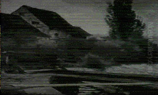 Stauwehr In Besigheim Am Neckar, An Dessen Ufer Stehen Alte Fachwerkhauser Oil Painting by Georg Engelhardt