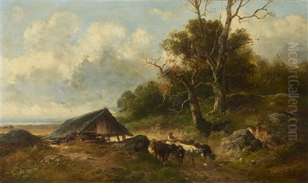 Hirte Mit Jungrindern Oil Painting by Ernst Julius Engelmann