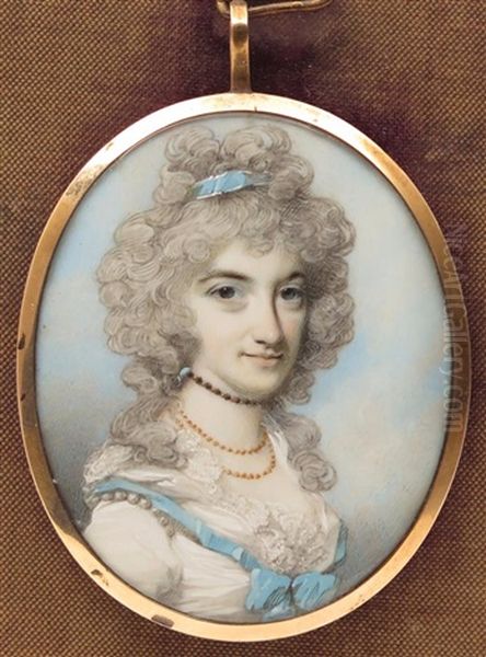 Portrait Of Lady Susan Westmorland, Bust Length In A White Dress With A Blue Ribbon Oil Painting by George Engleheart
