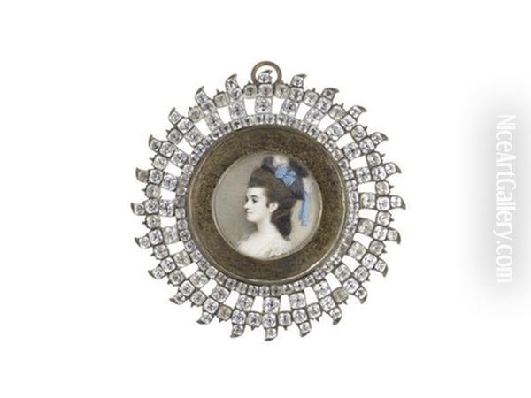 A Lady, In Profile To The Left And Wearing Yellow Dress Over White Lace Chemise, Her Natural Wig Upswept Beneath A Black Bonnet Finished With Blue Ribbon And Black And White Plumes Oil Painting by George Engleheart