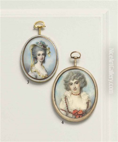 A Young Lady, In White Dress With Frilled Collar, Wearing A Straw Hat With Loose Yellow Ribbons Decorated With Flowers On Her Powdered Upswept Hair... Oil Painting by George Engleheart