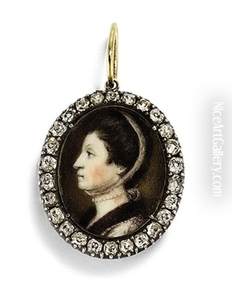 A Lady, In Ermine-lined Pink Dress, Gauze Bonnet, Pearl Necklace Oil Painting by George Engleheart