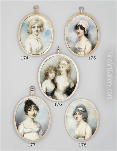 A Young Lady Called Madame Largellarie, In Lace-bordered White Spotted Muslin Dress... Oil Painting by George Engleheart