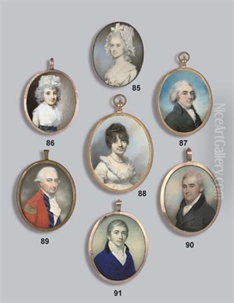 A Young Lady, In White Decollete Dress With Frilled Lace Collar, Pearl Necklace, A String Of Pearls In Her Dark Upswept Hair; Sky Background Oil Painting by George Engleheart