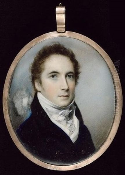 A Gentleman, Wearing Blue Coat With Black Collar, White Waistcoat And Cravat Oil Painting by George Engleheart