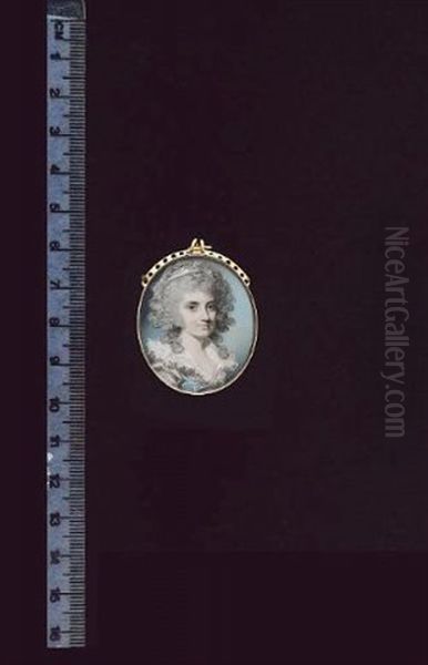 A Lady, Wearing White Dress With Frilled Collar And Blue Bodice, A Blue And White Bandeau In Her Curled And Powdered Hair Oil Painting by George Engleheart