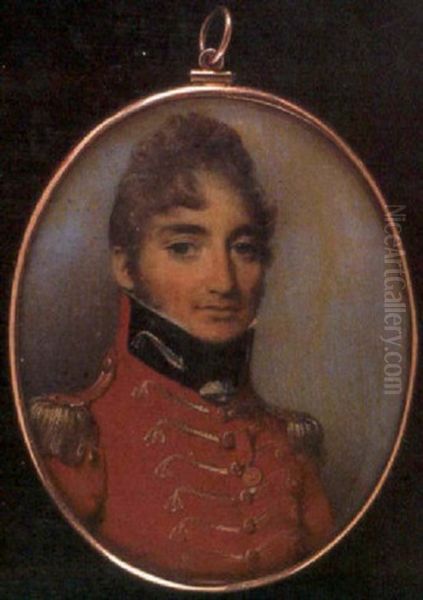 Portrait Of An Officer In Scarlet Staff Uniform With Silver Lace And Epaulettes, His Hair Powdered Oil Painting by George Engleheart