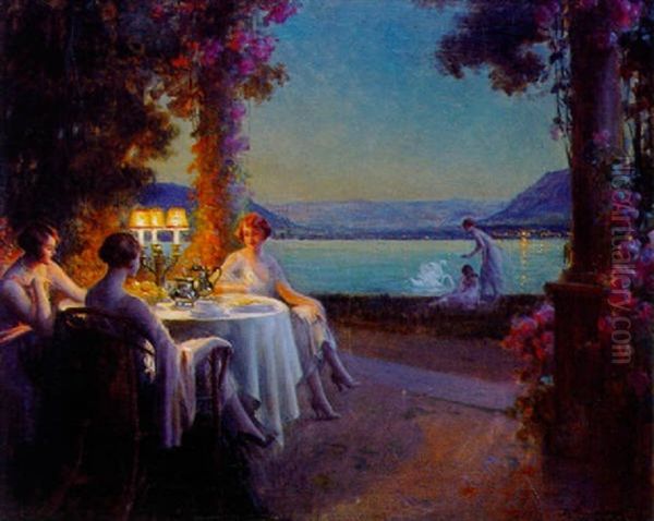 Jeunes Elegantes Sur Une Terrasse, Le Soir Oil Painting by Delphin Enjolras