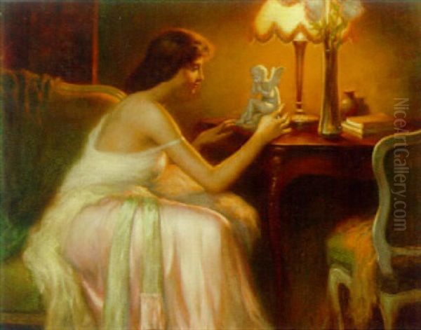 A Young Beauty By Lamplight Oil Painting by Delphin Enjolras
