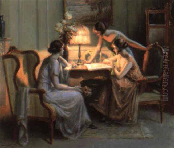 Autour De La Lampe Oil Painting by Delphin Enjolras