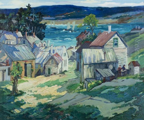 Town Along A Coastal Inlet With Sailboats Oil Painting by George Pearse Ennis